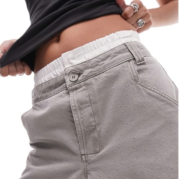 Topshop Boxer Waistband Cotton-Blend Wide-Leg Denim Pants (Grey/White) - Picture 3 of 16